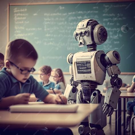 Premium Photo | A creepy robot in the position of a teacher teaches children at school ...