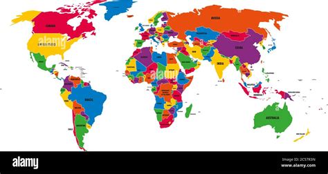 Mapa vectorial político multicolor del mundo con fronteras nacionales y nombres de países sobre ...