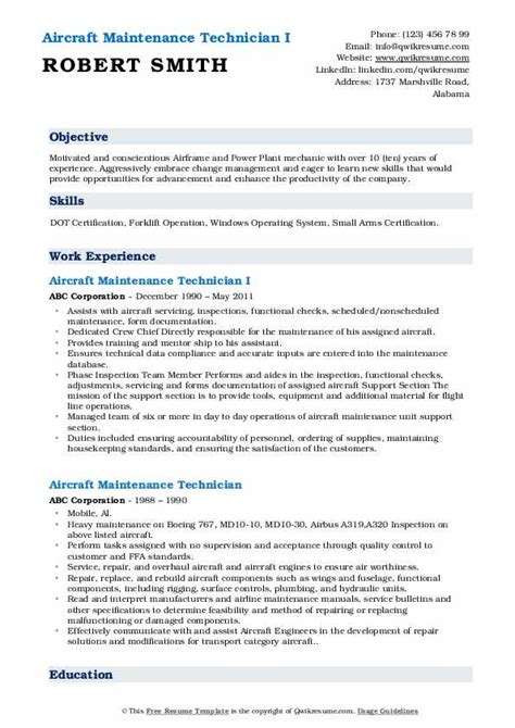 Aircraft Maintenance Technician Resume Samples | QwikResume