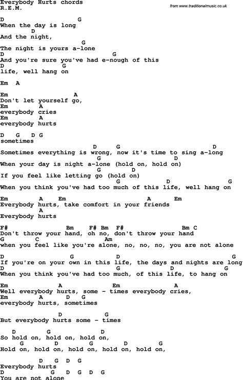 Song lyrics with guitar chords for Everybody Hurts