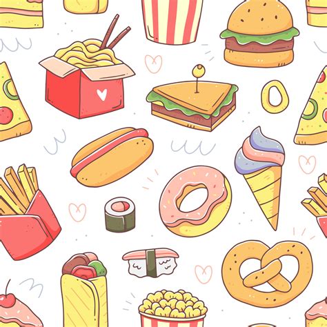 Fast food seamless pattern in cute kawaii doodle style. Vector junk ...