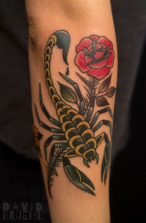 Traditional tattoo of a scorpion and rose on an arm. By David Bruehl at RedLetter1 in Tampa ...