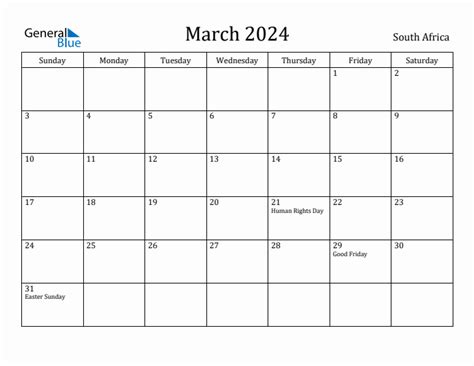 March 2024 Monthly Calendar with South Africa Holidays