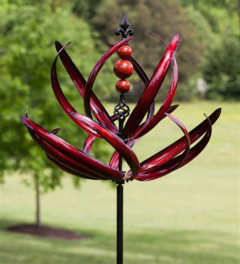 Two-Tier 7½' Tall Crimson Lotus Metal Wind Spinner | Garden Stake ...