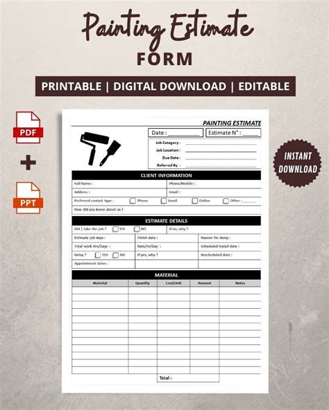 Painting Estimate Form Painter Estimating Sheets Printable Job Estimate Quote Template ...