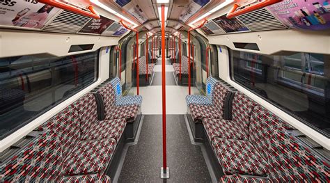 Revamped Central line trains with the new moquette and upgrades