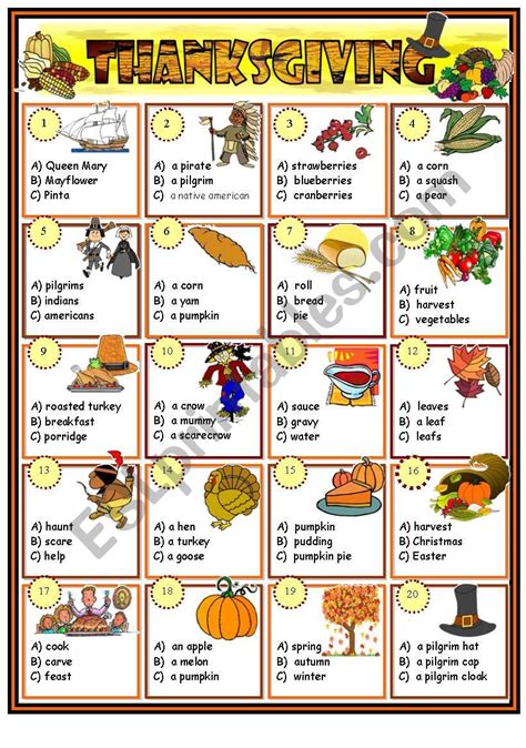 Thanksgiving quiz (BW+ the key) - ESL worksheet by Jazuna