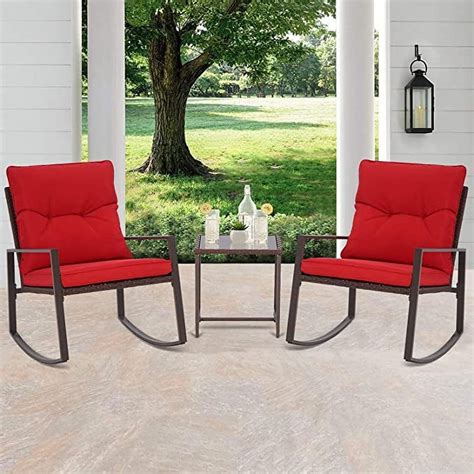 SOLAURA 3-Piece Rocking Bistro Set, Brown Wicker Patio Rocking Chair with Soft Cushions & Glass ...
