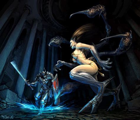 an image of a woman fighting with two demonic creatures