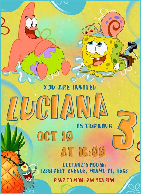 Awesome SpongeBob Squarepants Birthday Invitation (pool party) | Spongebob birthday party ...