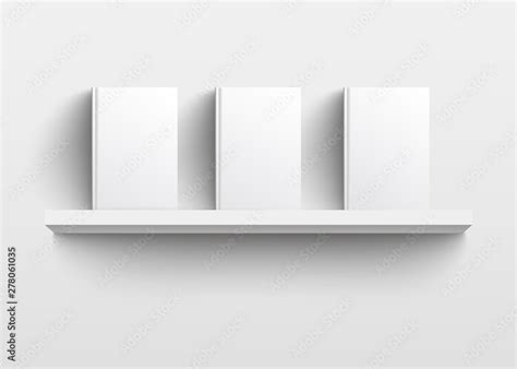 White book shelf mockup with three books, realistic blank template design with empty hard covers ...