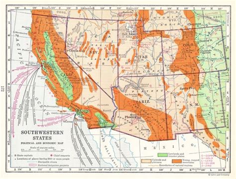 Items similar to Southwestern States Map - Colorful Antique 20s • USA CA NV Ut Co Nm Az on Etsy