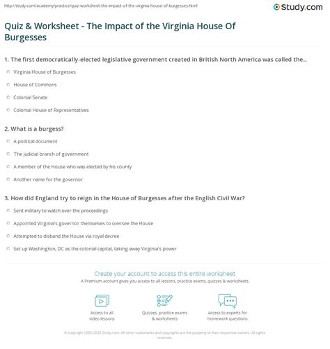 Quiz & Worksheet - The Impact of the Virginia House Of Burgesses | Study.com