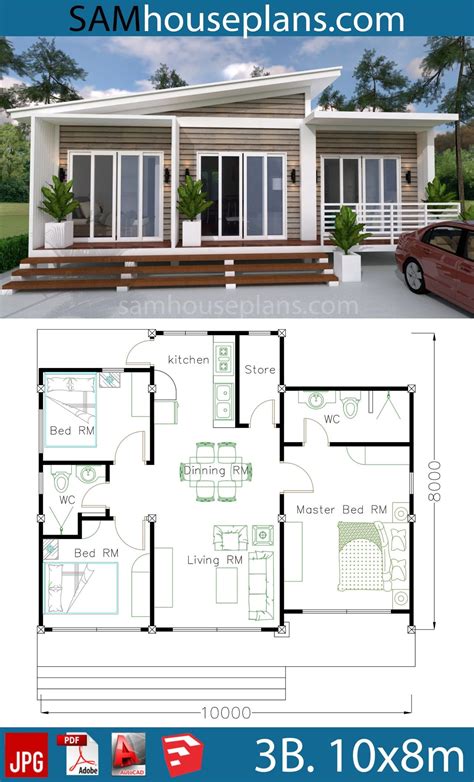 House Plans 10X8M with 3 Bedrooms - Sam House Plans | Affordable house ...