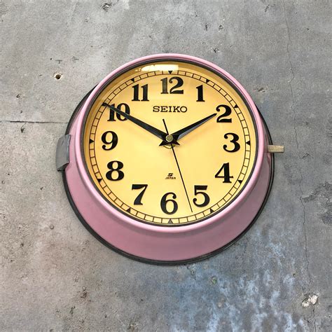 1970s Seiko Retro Vintage Industrial Antique Steel Quartz Wall Clock, Pink For Sale at 1stDibs ...