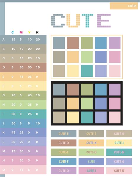 Cute color schemes, color combinations, color palettes for print (CMYK) and Web (RGB + HTML)