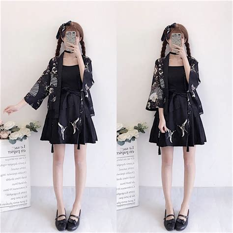 Girls Black Japanese Style Clothing Set Woman Fashion Spring Kimono 3PCS Skirt Haori Cardigans ...