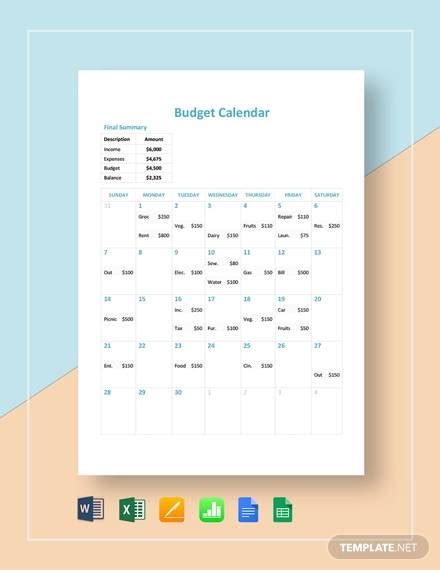 FREE 7+ Sample Budget Calendar Templates in Google Docs | Google Sheets ...