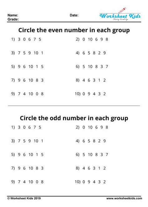 Odd and even numbers worksheets - Free printable PDF