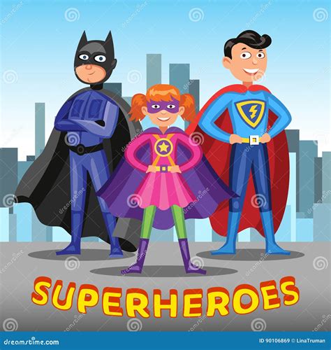 Three Cartoon Superheroes. Boys and Girl in Superhero Costumes Stock ...