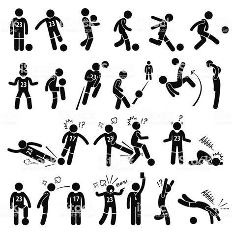 A set of stickman pictogram representing footballer actions, skills ...