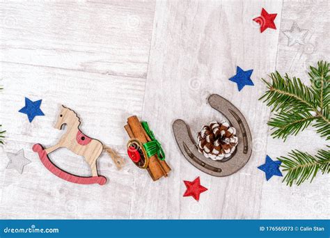 Christmas Horse Themed Decorations On A Wooden Background Stock Image ...