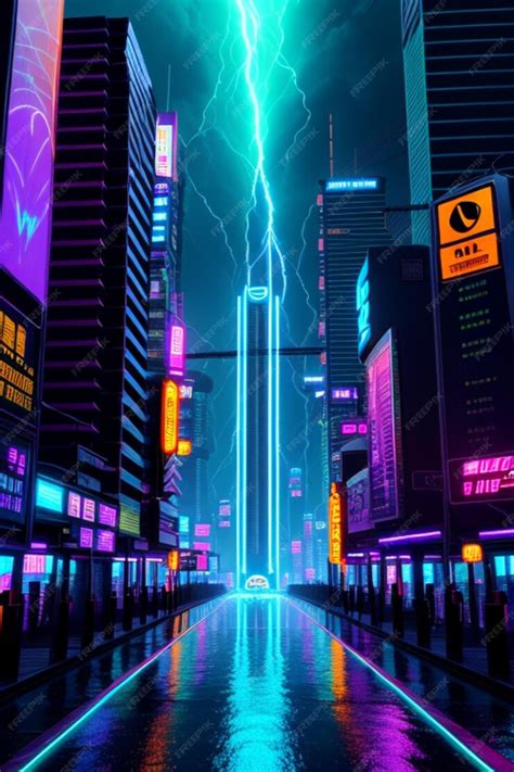 Premium AI Image | future city lightningwave 3d cgi glowing neon cyberpunk neon city