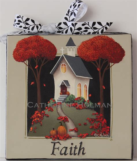 Catherine Holman Folk Art: Faith Country Church Autumn Folk Art Painting