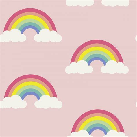 Belgravia Pretty Rainbow Wallpaper Clouds Sky Childrens Kids Bedroom Pink 9991