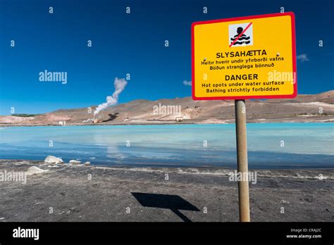 Warning sign, energy generation, geothermal area, lake Mývatn, northern Iceland, Europe Stock ...