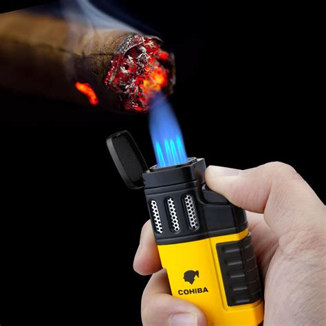 COHIBA Cigar Torch Lighter 4 Torch Jet Flame Refillable with Punch Smoking Accessories Tool for ...