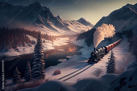 Snowy mountains with a steam locomotive train winding through the ...