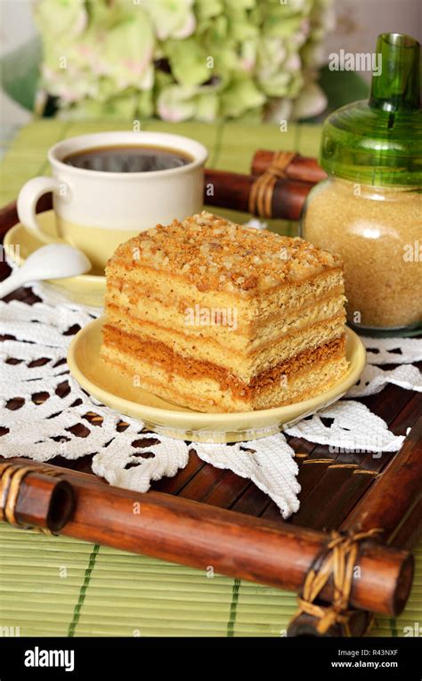 Cake with coffee for breakfast Stock Photo - Alamy