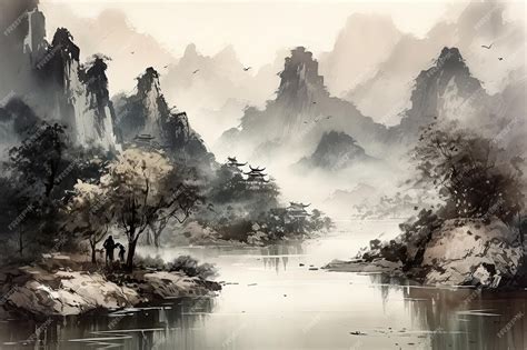 Premium Photo | A landscape painting in the traditional Chinese style ink washes depicting ...