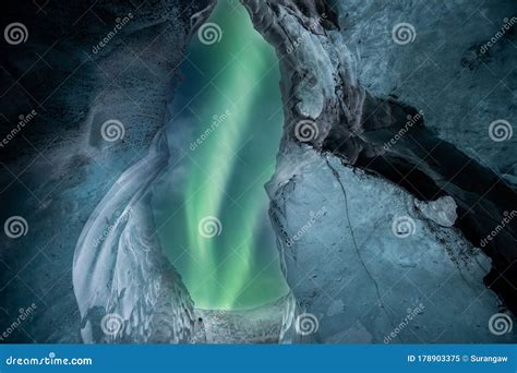 Northern Lights Aurora Borealis Over Glacier Ice Cave. Stock Image - Image of iceland ...