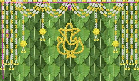 Banana leaves with ganesha and marigold hangings Backdrop for puja / wedding / House Warming ...