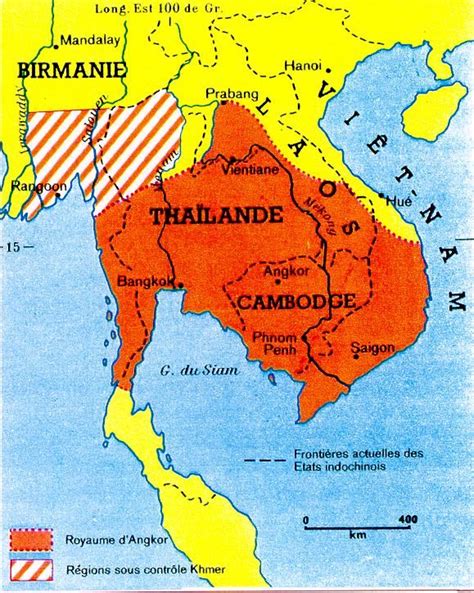 The Khmer Empire in the twelfth century. The striped area was ruled by the Burmese, but also ...