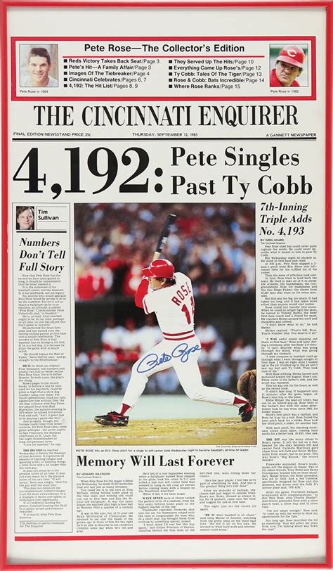 Pete Rose 4,192 Hit Signed Newspaper Display