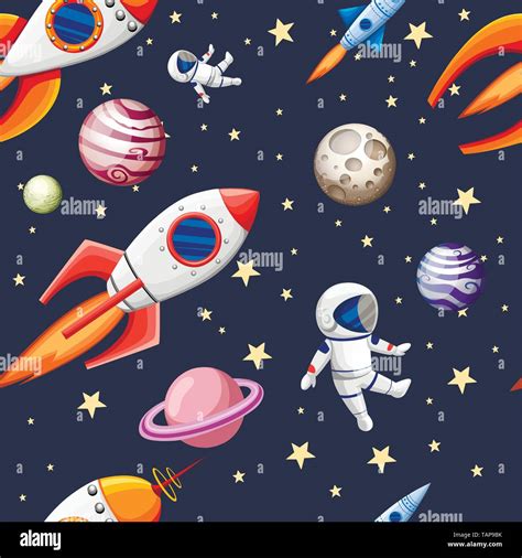 Seamless pattern of space elements cartoon design space rockets planets stars and cosmonaut flat ...