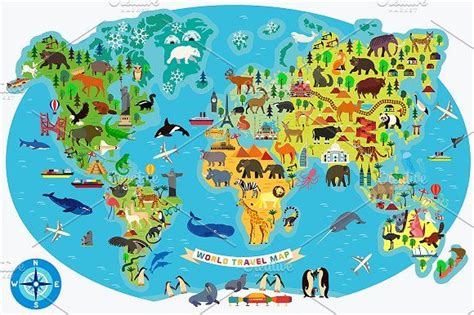 Map Of The World With Animals. by Moloko88 on @creativemarket Map Canvas Print, World Map Canvas ...