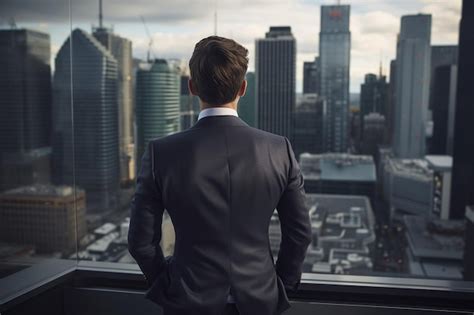 Premium AI Image | Businessman Overlooking Bustling City Skyline from HighRise