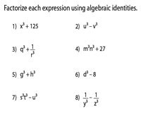 Factoring Polynomials Using Algebraic Identities Worksheets