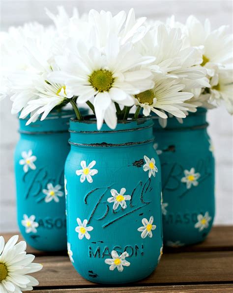 Daisy Mason Jar Set Teal Mason Jars Painted and Distressed | Etsy