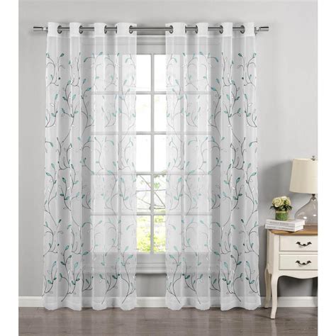 Window Elements Sheer Wavy Leaves Embroidered Sheer Turquoise Grommet Extra Wide Curtain Panel ...