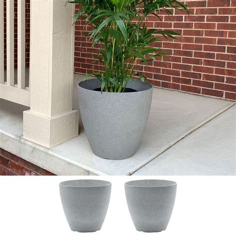 2-Pack 15 Inch Round Faux Stone Resin Garden Potted Planter Flower Pot Indoor Outdoor, Grey ...