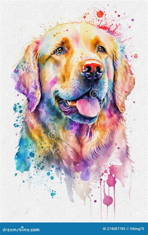 Watercolor Painting of a Golden Retriever and Colorful Splashes. Stock Illustration ...