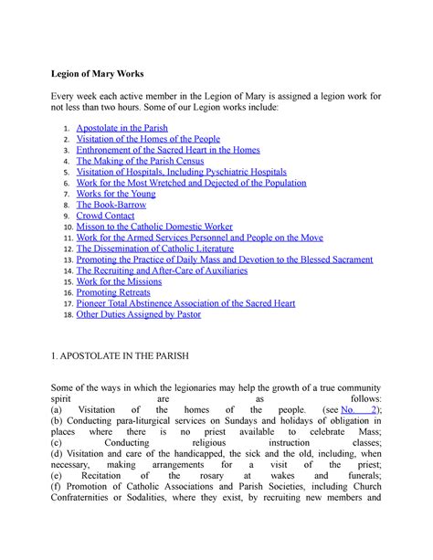 Legion of Mary Apostolic Works for the servants of God - Legion of Mary Works Every week each ...