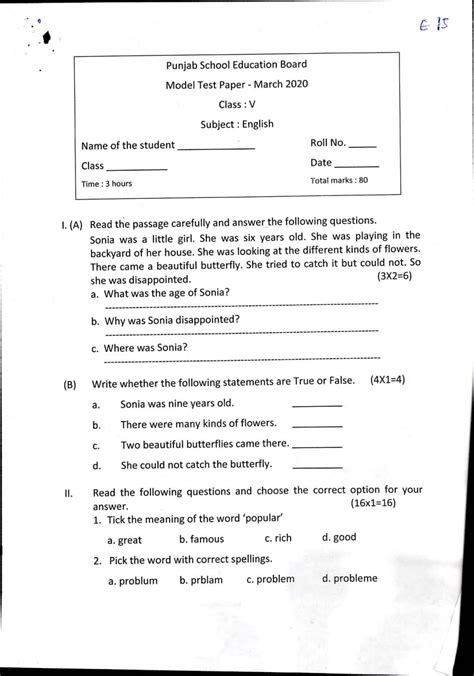 PSEB 5th Model Test Paper of English