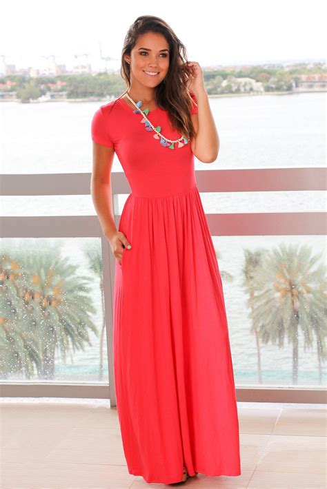 Coral Short Sleeve Maxi Dress with Pockets | Maxi Dresses – Saved by ...