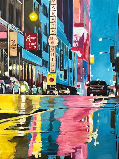 Angela Wakefield - Painting of New York City Street after Rain with Figures, Cars by British ...